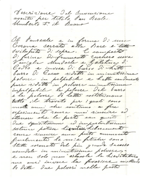 The letter written by Domenico Melegatti to ask for the the Pan Reale invention Patent.