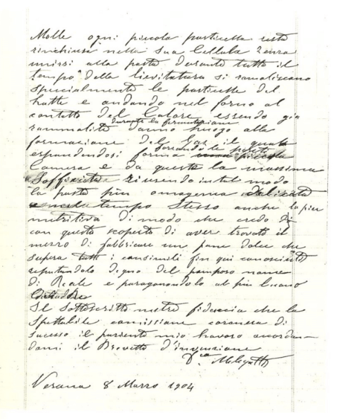 The letter written by Domenico Melegatti to ask for the the Pan Reale invention Patent.