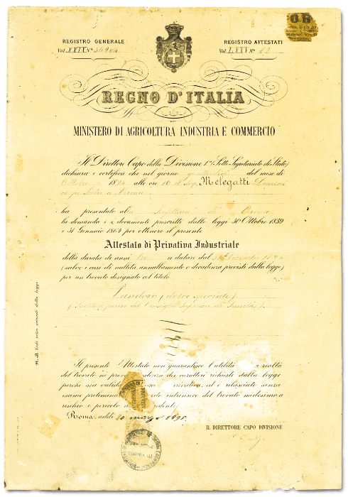 Industrial Property Patent for the invention of Pandoro issued on October 14, 1894 to Domenico Melegatti